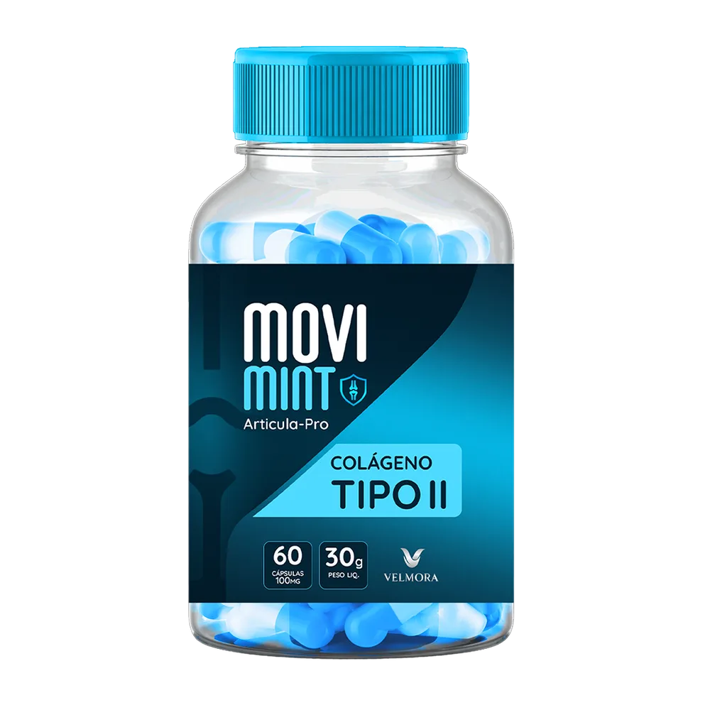 Pote de cápsulas Movi Mint com colágeno tipo II