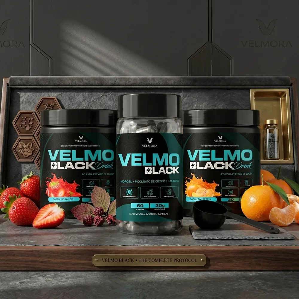 Velmo Black em cápsulas e nas versões drink de morango e tangerina